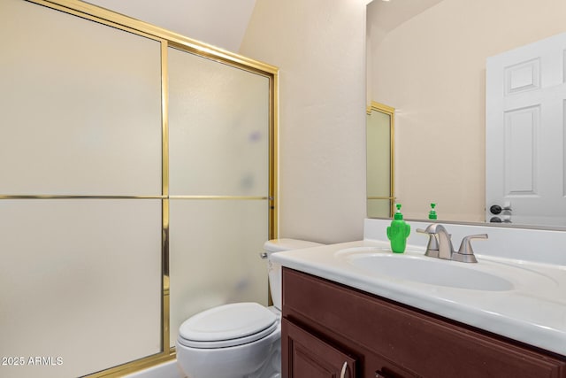 bathroom featuring vanity, toilet, and a shower with shower door