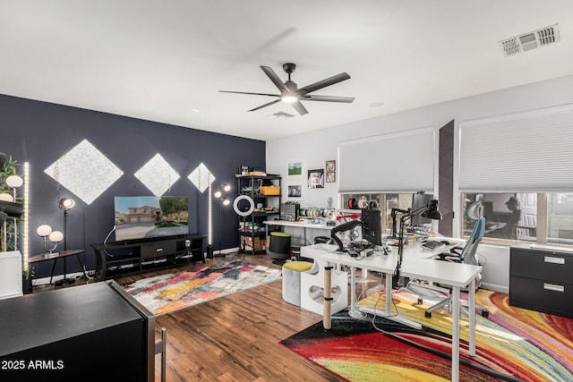 office space featuring hardwood / wood-style flooring and ceiling fan