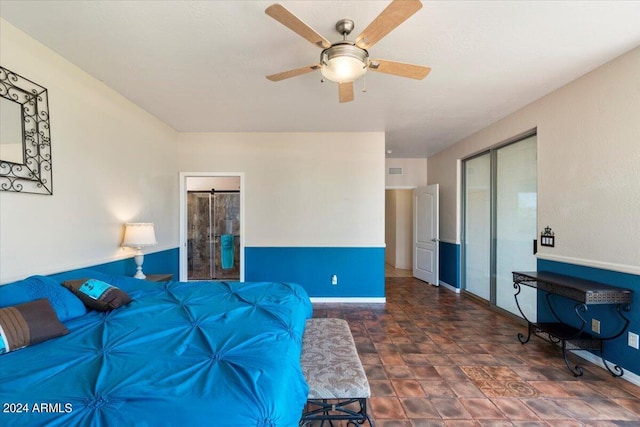 tiled living room with ceiling fan