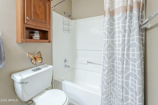 bathroom with toilet and shower / bath combination with curtain