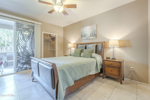bedroom featuring a ceiling fan, baseboards, access to exterior, and light tile patterned floors