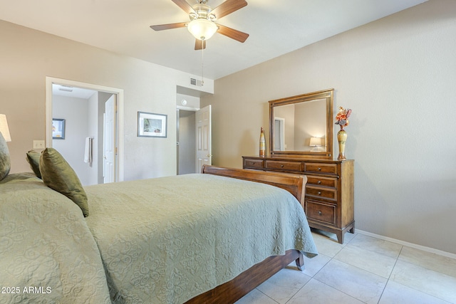 bedroom featuring a ceiling fan, baseboards, visible vents, and light tile patterned floors