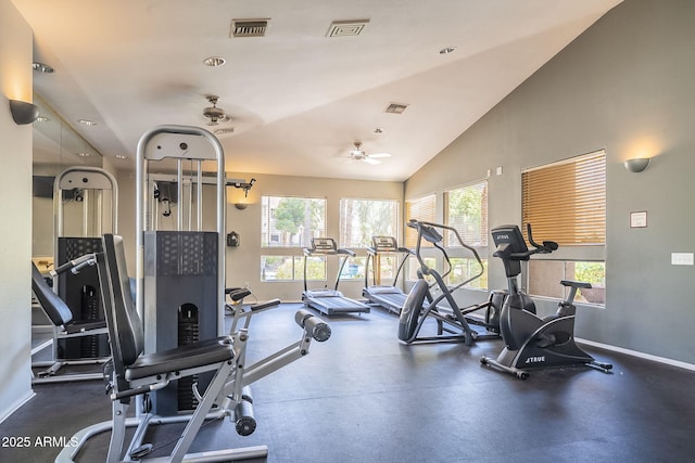 workout area featuring visible vents, baseboards, and ceiling fan