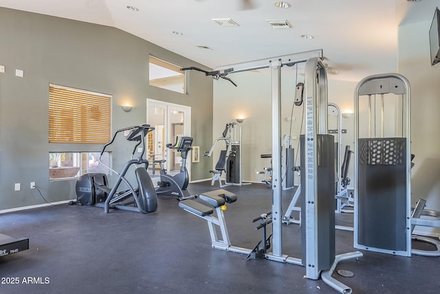 exercise room featuring baseboards and visible vents