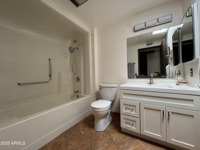 full bathroom with vanity, toilet, shower / tub combination, and visible vents