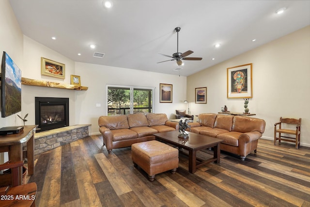 1604 W Beech Pkwy, Payson, AZ 85541 - living room featuring dark wood-style floors, a fireplace, lofted ceiling, a ceiling fan, and baseboards