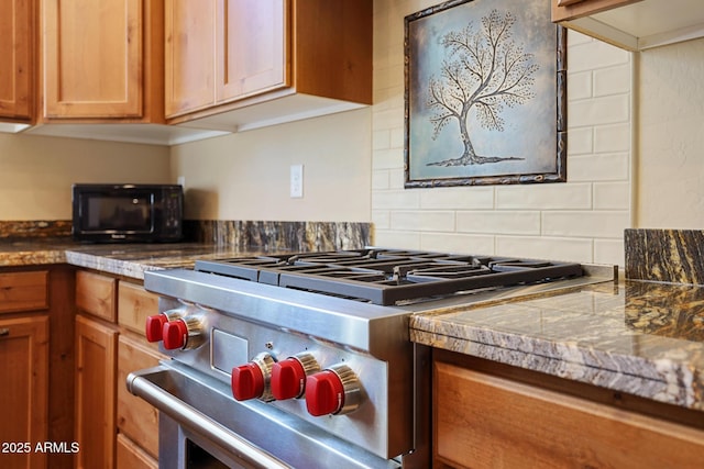 1604 W Beech Pkwy, Payson, AZ 85541 - kitchen with high end range, brown cabinetry, tasteful backsplash, and tile countertops
