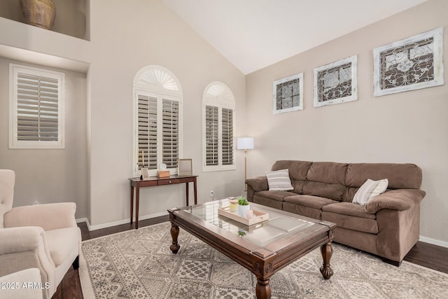 living area featuring wood finished floors, baseboards, and high vaulted ceiling