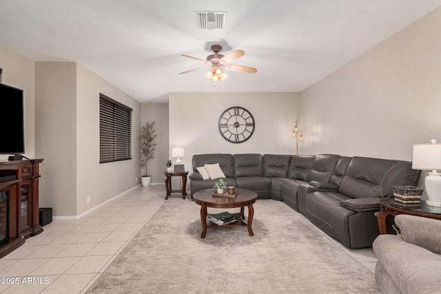 living area with visible vents, baseboards, light tile patterned flooring, and a ceiling fan