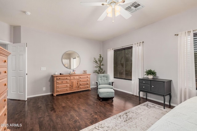 bedroom with visible vents, ceiling fan, dark wood-type flooring, and baseboards