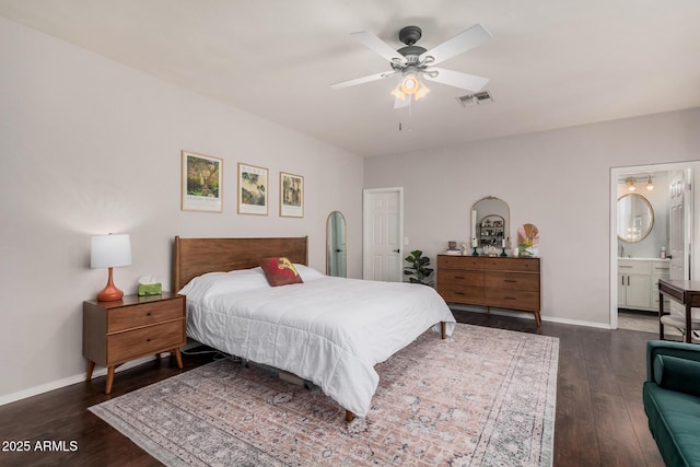 bedroom featuring visible vents, baseboards, dark wood-type flooring, and ensuite bath