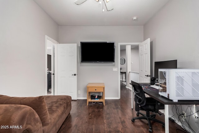 home office with wood finished floors, baseboards, and ceiling fan