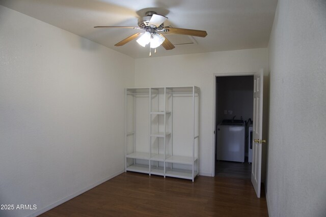 8334 N 55th Ave, Glendale, AZ 85302 - unfurnished bedroom with washer / clothes dryer, wood finished floors, and a ceiling fan