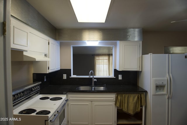 8334 N 55th Ave, Glendale, AZ 85302 - kitchen with white refrigerator with ice dispenser, range with electric cooktop, a sink, under cabinet range hood, and white cabinets