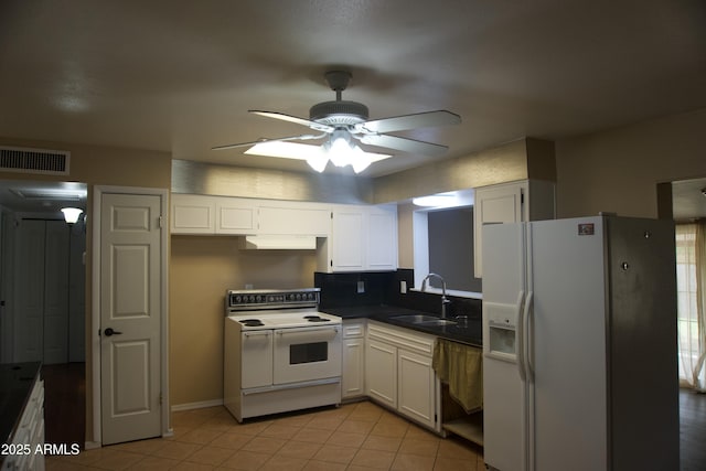 8334 N 55th Ave, Glendale, AZ 85302 - kitchen with white appliances, a sink, dark countertops, a ceiling fan, and white cabinetry