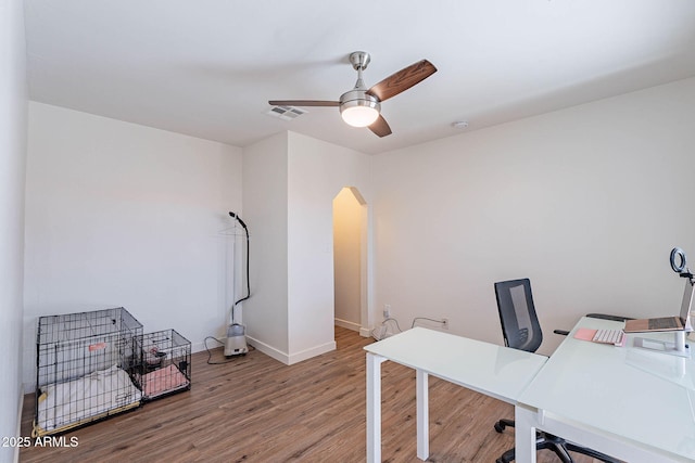 8414 N Central Ave Unit C, Phoenix, AZ 85020 - home office with arched walkways, wood finished floors, ceiling fan, and baseboards