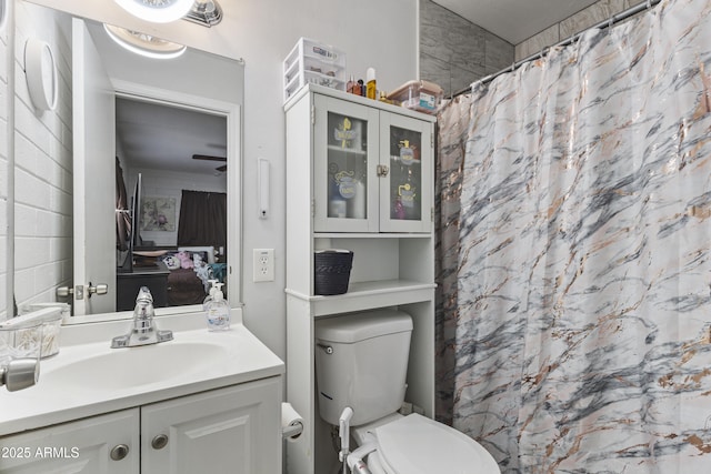 bathroom with vanity, walk in shower, and toilet