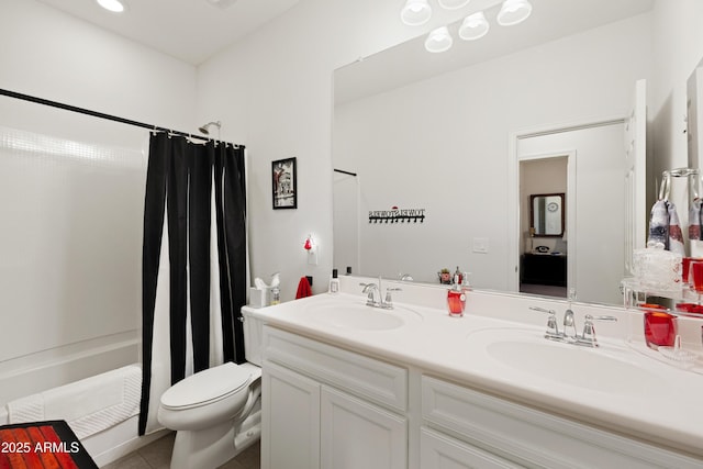 3655 N Astoria Dr, Florence, AZ 85132 - bathroom featuring double vanity, toilet, tile patterned floors, and shower / bathtub combination with curtain