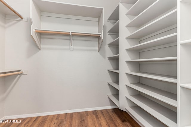 walk in closet with dark hardwood / wood-style flooring