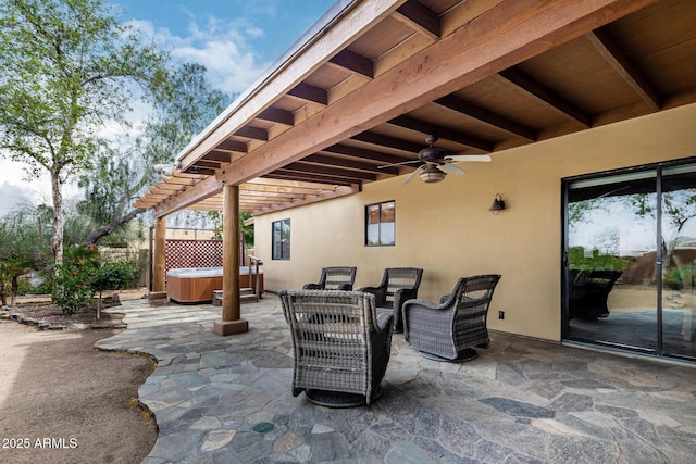 1730 W Adamanda Ct, Phoenix, AZ 85086 - view of patio / terrace featuring a hot tub, a ceiling fan, fence, and outdoor lounge area