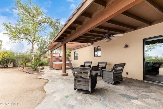 1730 W Adamanda Ct, Phoenix, AZ 85086 - view of patio featuring a hot tub, ceiling fan, outdoor lounge area, and fence