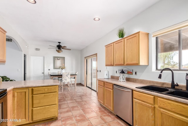 1730 W Adamanda Ct, Phoenix, AZ 85086 - kitchen featuring dishwasher, a sink, ceiling fan, light countertops, and recessed lighting