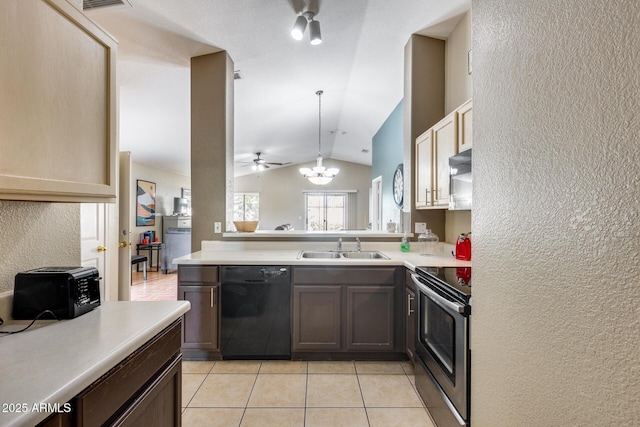 kitchen featuring sink, decorative light fixtures, light tile patterned floors, black dishwasher, and electric stove