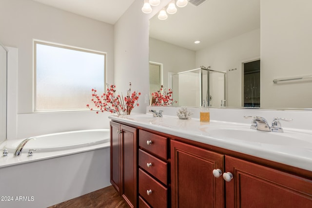 bathroom with vanity and separate shower and tub