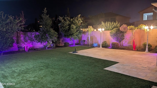 yard at night featuring a patio area