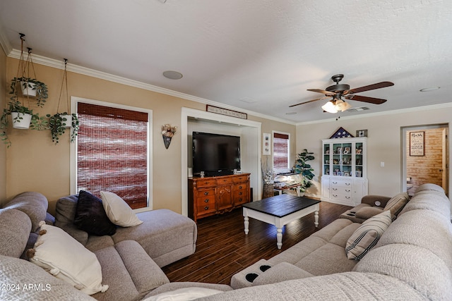 living room featuring ornamental molding, dark hardwood / wood-style floors, and ceiling fan