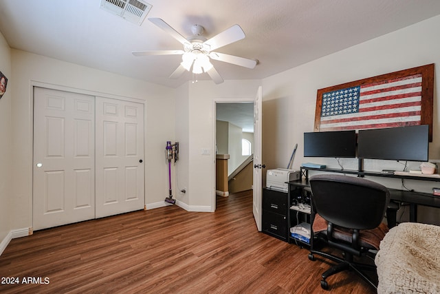 home office featuring hardwood / wood-style floors and ceiling fan