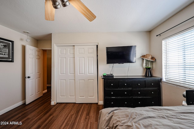 bedroom with dark hardwood / wood-style floors, ceiling fan, and a closet