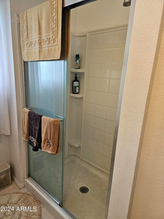 bathroom featuring walk in shower and tile floors