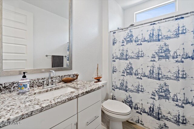 bathroom with walk in shower, vanity, toilet, and hardwood / wood-style flooring