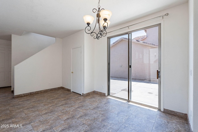 1244 S Tacoma, Mesa, AZ 85209 - unfurnished dining area featuring baseboards, a chandelier, and stone finish flooring