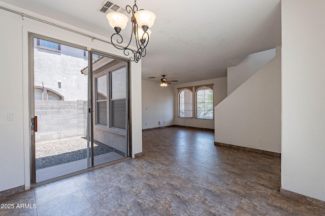 1244 S Tacoma, Mesa, AZ 85209 - unfurnished dining area with baseboards, a chandelier, stone finish floors, and a ceiling fan
