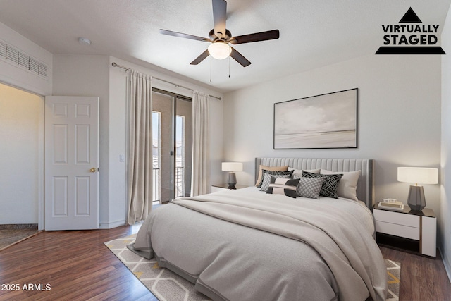 1244 S Tacoma, Mesa, AZ 85209 - bedroom featuring access to outside, wood finished floors, baseboards, and a ceiling fan