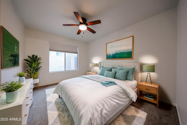 carpeted bedroom featuring ceiling fan