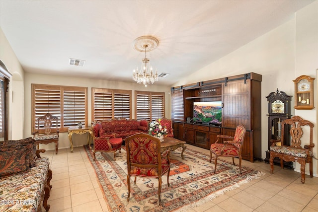 tiled living room with a notable chandelier and lofted ceiling