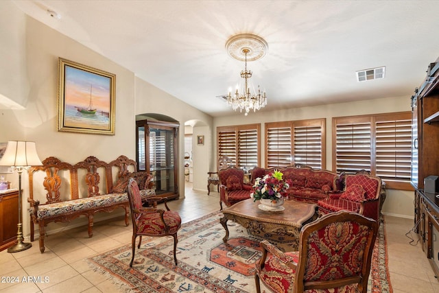 tiled living room featuring vaulted ceiling and an inviting chandelier