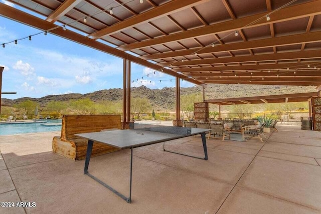 view of patio with a mountain view