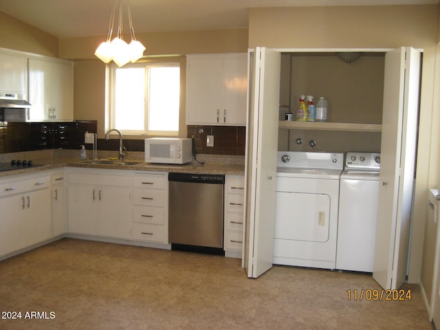 kitchen with dishwasher, sink, range hood, decorative light fixtures, and white cabinetry