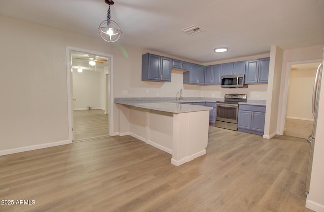 418 E 5th St, Eloy, AZ 85131 - kitchen with appliances with stainless steel finishes, a peninsula, light wood-style flooring, baseboards, and hanging light fixtures