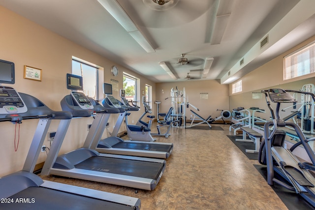 gym with ceiling fan