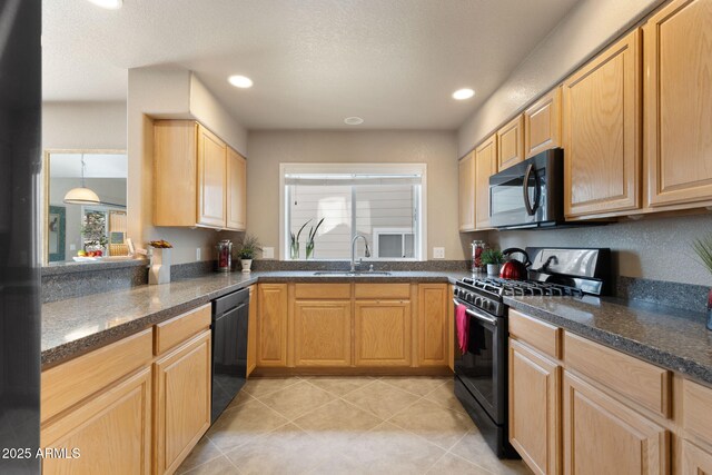 4435 E Savannah Cir, Flagstaff, AZ 86004 - kitchen featuring a sink, recessed lighting, black appliances, light brown cabinets, and light tile patterned floors