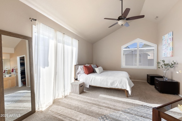 4435 E Savannah Cir, Flagstaff, AZ 86004 - bedroom featuring ceiling fan, lofted ceiling, visible vents, and carpet floors