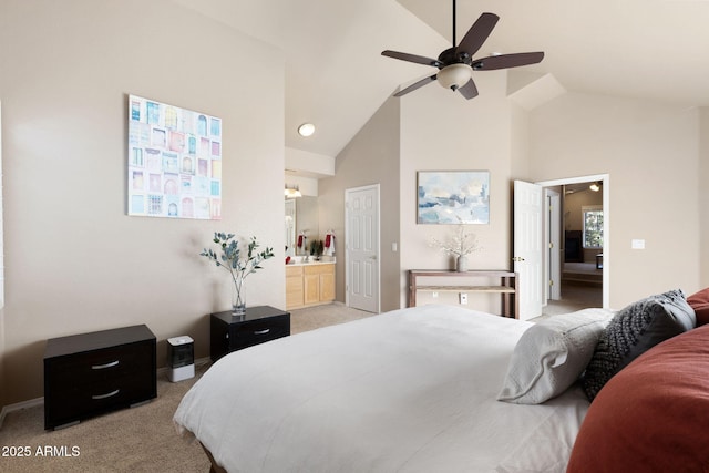 4435 E Savannah Cir, Flagstaff, AZ 86004 - carpeted bedroom with a ceiling fan, high vaulted ceiling, and ensuite bathroom