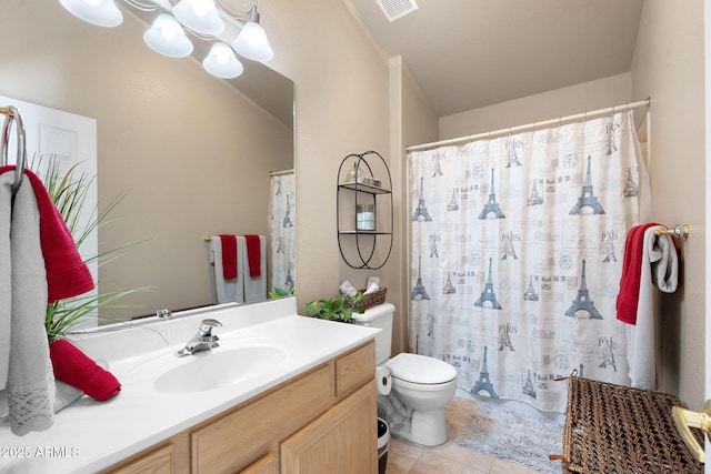 4435 E Savannah Cir, Flagstaff, AZ 86004 - bathroom with tile patterned floors, toilet, visible vents, a chandelier, and vanity