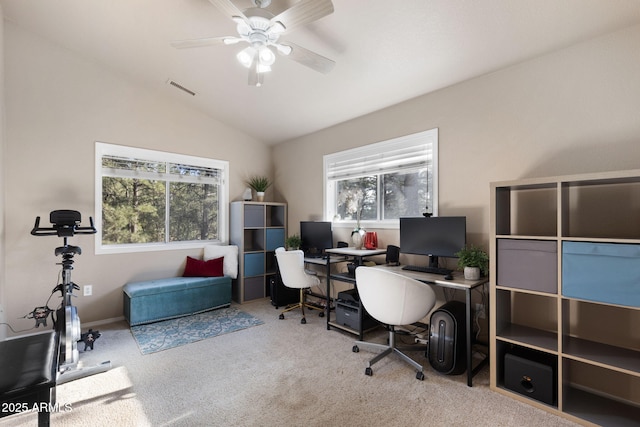 4435 E Savannah Cir, Flagstaff, AZ 86004 - carpeted office space featuring vaulted ceiling, a ceiling fan, and visible vents