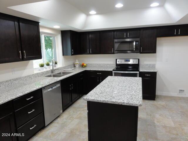 kitchen with a sink, a tray ceiling, a kitchen island, recessed lighting, and appliances with stainless steel finishes